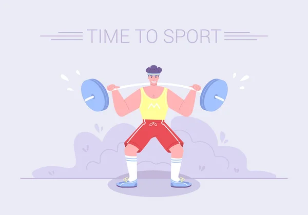 Güçlü ve gergin bir atlet ağır bir halter çalar. Sağlıklı yaşam tarzı spor aktiviteleri karakter egzersiz kavramı. Jimnastik egzersizleri karikatür düz vektör İllüstrasyon.