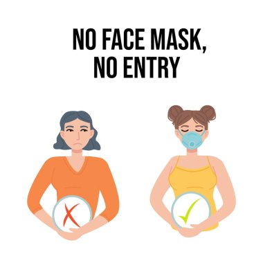 Yüz maskesi yok, giriş pankartı yok. Maskeli kız, işaretle ve çapraz yap. Karantina kovid-19, sağlık, salgın, güvenlik, tabela konsepti. Ağ, tabela, poster için kullanılabilir. Stok vektörü