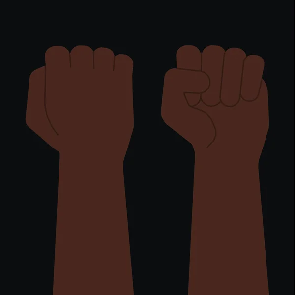 Puño negro afroamericano en la parte delantera y trasera, levantado con la mano cerrada. Las vidas de los negros importan, anti-racismo, revolución, concepto de huelga. Stock ilustración vectorial en estilo plano de dibujos animados aislado en negro — Archivo Imágenes Vectoriales