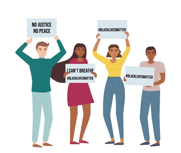 群衆は暴力に対するポスターで抗議する。黒人は問題、反人種差別デモ、集会、行動主義、概念を生きている。白い上に隔離されたフラット漫画スタイルの株式ベクトルイラスト. — ストックベクタ