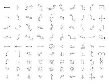 El çizimi karalama okları seti. Farklı yönler pointer.Rout, seleksiyon, seçenek, alternatif yol konsepti. Web, bilgi grafikleri, uygulama için kullanılabilir. Vektör basit taslak biçiminde beyaz üzerine izole edilmiş.