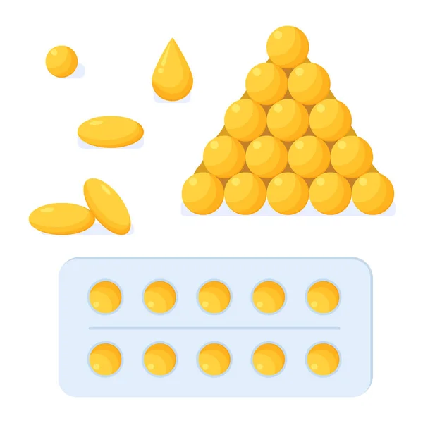 Balık yağı softjelleri, kapsüller, haplar, haplar, tabletler, kabarcıklar. Altın rengi yağlı asis damlası. Eczane, ilaç, sağlık, vitamin, beslenme konsepti. Çizgi film tarzında izole edilmiş beyaz vektör ilülasyonu..