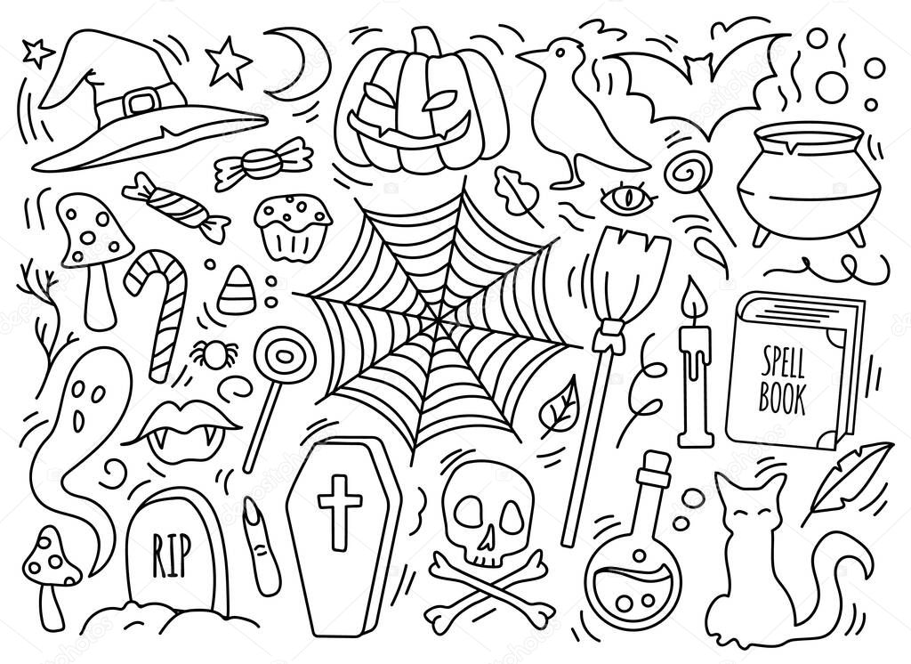 Doodle Halloween symbol set. Potion, pumpkin, cat, raven, broom, witch hat, cauldron. Occult stuff for fall celebration. Can be used for party decoration, fabric print or web. Stock vector isolated