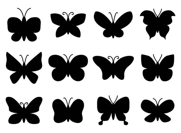 Hand drawn butterflies silhouettes set. Can be used as design elements for girl kids prints, fantasy background elements, tatto sketch decoration. — Stock Vector