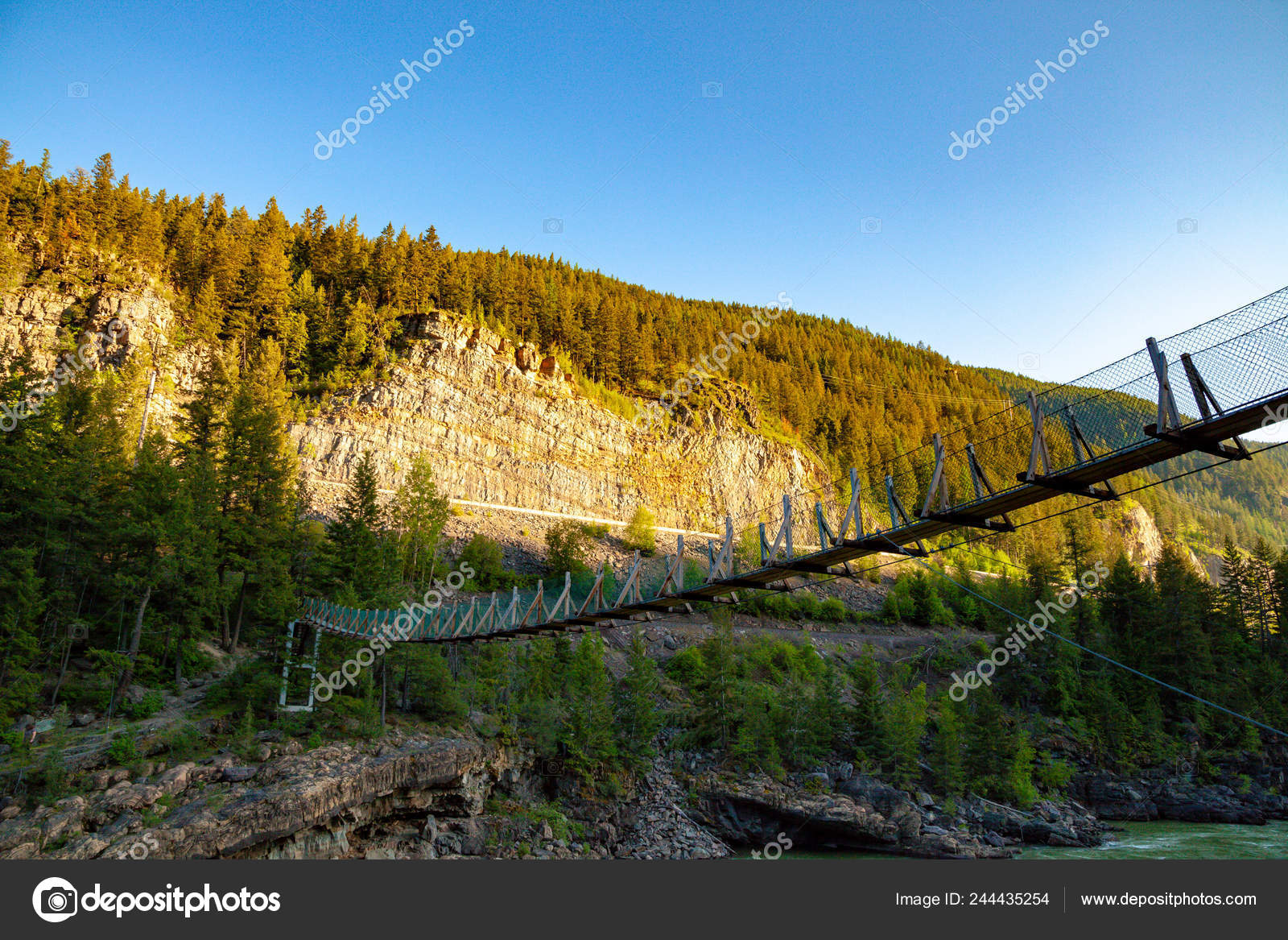 Kootenai Falls Suspension Bridge Ove The Kootenay River Near