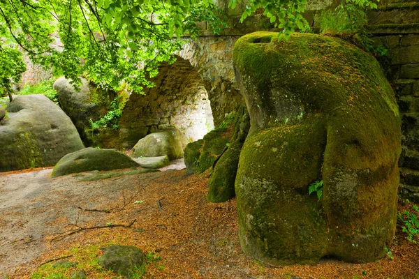 Moss covered boulders and an old stone bridge near the Hvezda Chapel, Broumov, Czech Republic — Stock Photo, Image