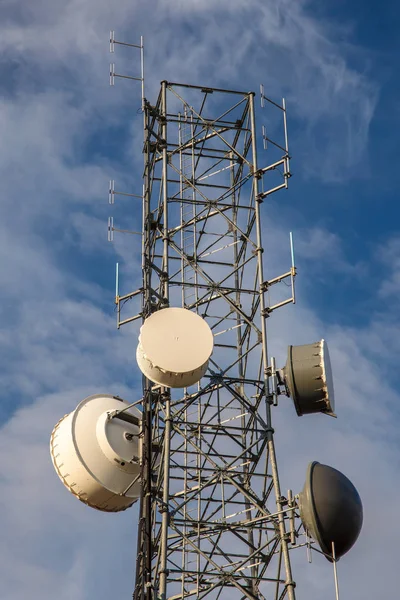 Radio communcations tower isolated against a blue sky