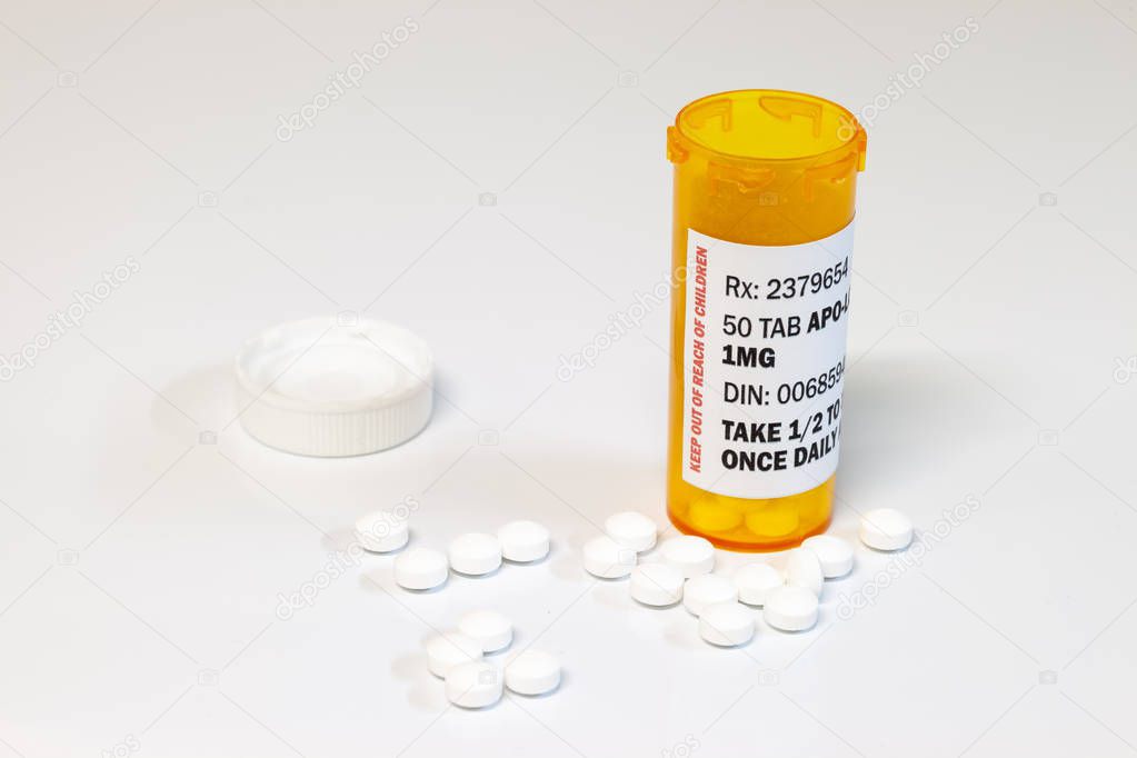 Prescription bottle with Lorezapam on a white background. Lorezapam is a generic prescription anti-anxiety medication.