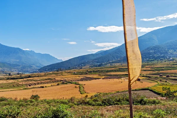 Paisaje Agrícola Bután Rural Con Bandera Oración Primer Plano —  Fotos de Stock