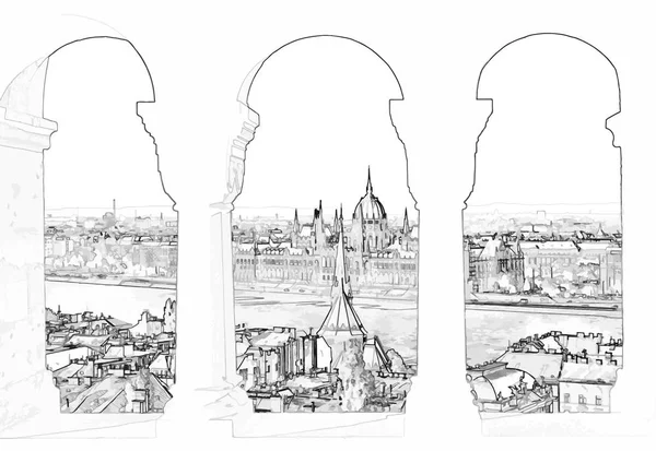Vektör çizim, eskiz tarzı, Budapeşte ve Macaristan Parlamentosu'nun Gotik fisherman's bastion kapıdan Buda tarafında - Macaristan bina