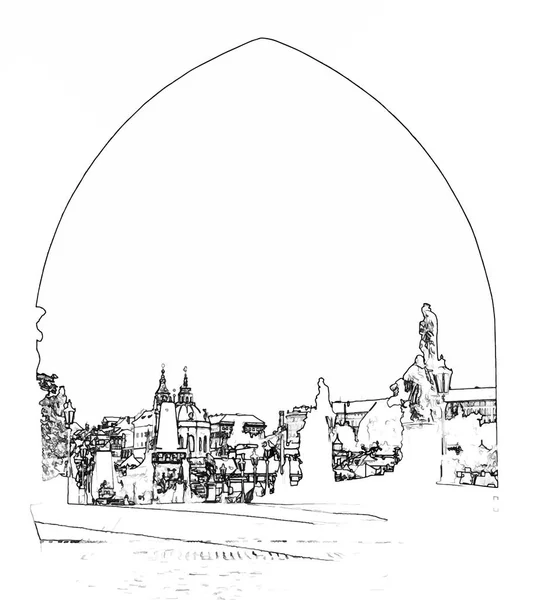 Εικονογράφηση Διάνυσμα Στυλ Σκίτσο Γέφυρα Του Καρόλου Μέσα Από Μια — Διανυσματικό Αρχείο
