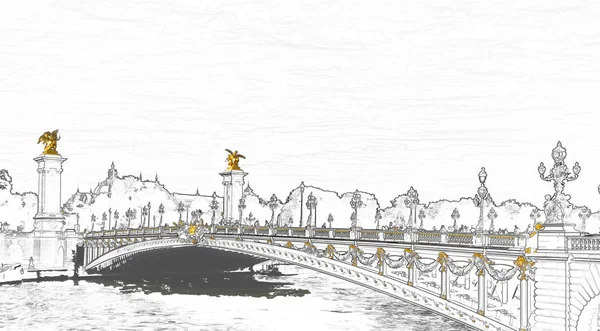 Szkic Ilustracji Pont Alexandre Iii Sekwanę Petit Palais Tle Paryż — Zdjęcie stockowe