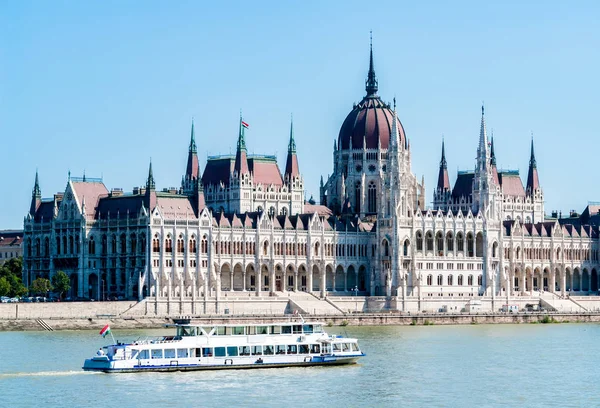 Hungarian Parliament Building in Budapest and white tour boat
