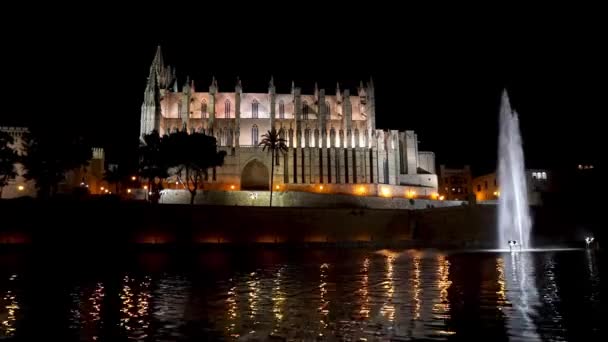 Nacht timelapse van de kathedraal van Palma de Mallorca-Balearen, Spanje — Stockvideo