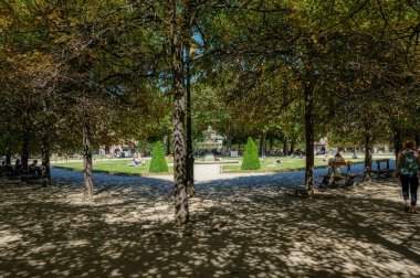 Paris, Fransa - 22 Temmuz 2020: İnsanlar sıcak bir yaz gününde ünlü Place des Vosges 'un yeşil çimlerinde dinleniyor