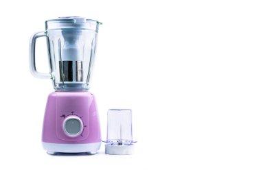 Boş pastel mor elektrik blender filtre, kalın cam sürahi, Kuru taşlama ve beyaz arka plan üzerinde izole hız seçici. Sağlıklı yaşam için blender ve taşlama makinesi. Mutfak aletleri