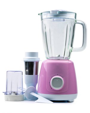 Boş pastel mor elektrik blender filtre, kalın cam sürahi, Kuru taşlama ve beyaz arka plan üzerinde izole hız seçici. Sağlıklı yaşam için blender ve taşlama makinesi. Mutfak aletleri