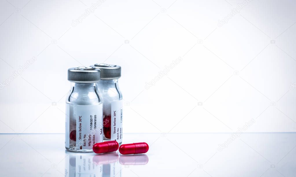 Rifampicin capsule for treatment tuberculosis and leprosy. Antibiotic resistance of tuberculosis (TB). Antituberculosis drug. Red pills produce reddish coloration of urine, sweat, sputum, and tears.