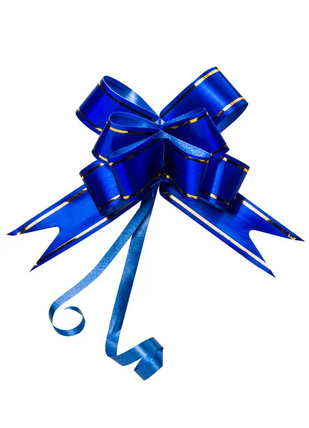 闪亮的蓝色和金色的弓被孤立在白色背景与复制空间 丝带为礼物或礼物概念 新年快乐装饰丝带与派对装饰理念 — 图库照片