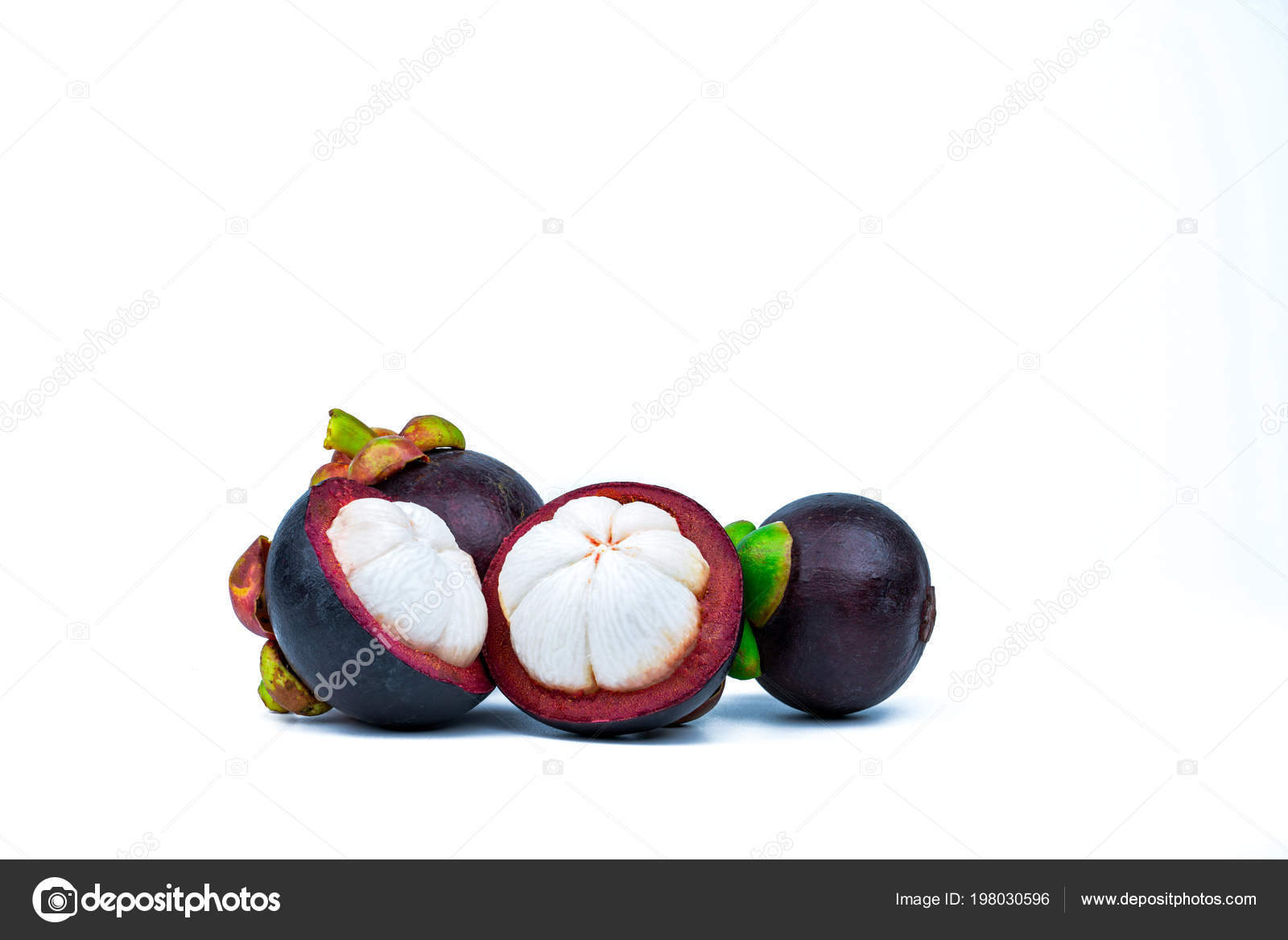 Two Whole Purple Mangosteen Two Cross Section Isolated White