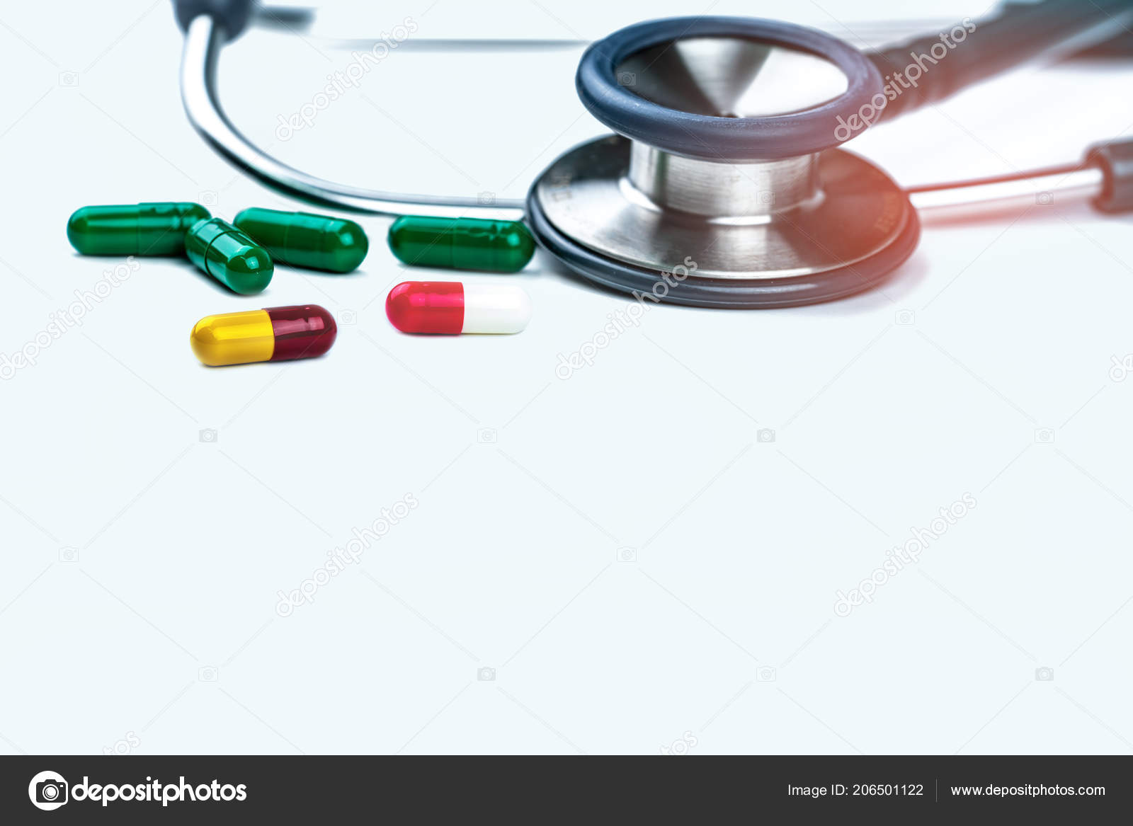 Green Stethoscope Pile Antibiotic Capsule Pills White - 