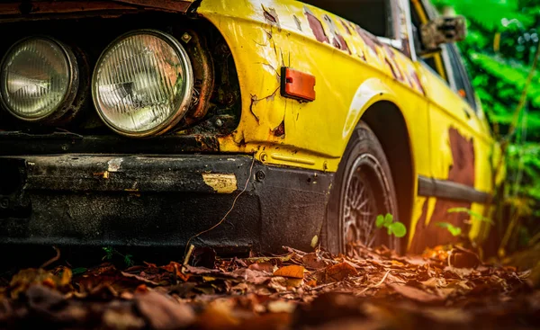 Antiguo Coche Destrozado Estilo Vintage Coche Amarillo Oxidado Abandonado Bosque — Foto de Stock