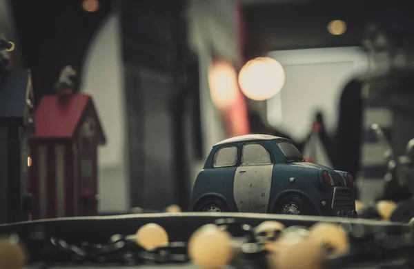 Niebieski Biały Mały Samochód Zabawka Modelu Drodze Mini Samochód Zabawka — Zdjęcie stockowe
