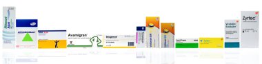 Chonburi, Tayland-Ağustos 3, 2018: Rhinocort aqua nazal sprey, Zithromax toz için oral süspansiyon, Voltfast 50 mg, Avamigran, Stugeron, Terramycin göz merhem, Voltaren, reparil, Zyrtec, Ventolin.