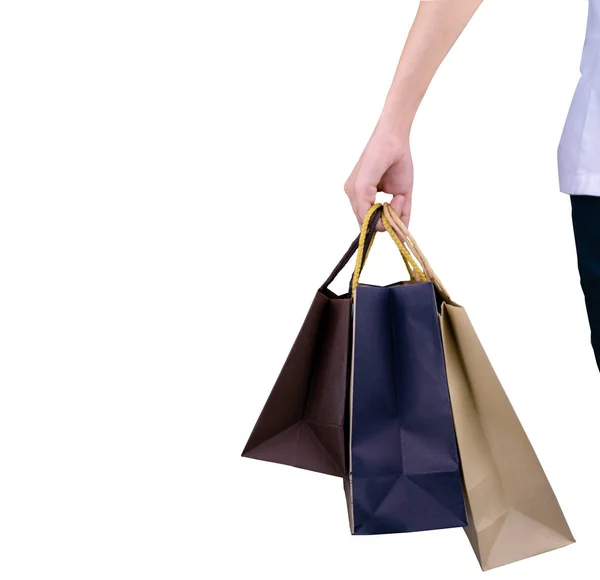 Vrouw Met Papier Boodschappentassen Geïsoleerd Een Witte Achtergrond Volwassen Vrouw — Stockfoto