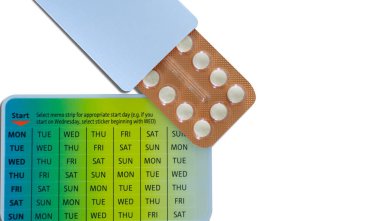 Birth control pills oral contraceptive pills in orange blister pack. Hormone medicine in paper pack. Hormones for treatment hormone acne. Anti-acne drug. Family planning. Prevent unplanned pregnant. clipart