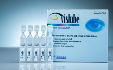 CHONBURI, THAILAND-OCTOBER 17, 2018 : Vislube. Sodium Hyaluronate 0.18% for treatment dry eye and ocular surface damage. 0.3 ml monodose unit. Hypotonic formulation. Sterile and free from preservative clipart