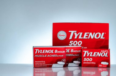 CHONBURI, THAILAND-OCTOBER 27, 2018 : Tylenol 500 mg and Tylenol 8 hour 650 extended-release caplets in red packaging on gradient background. Drug for relief pain, fever, muscle aches, and headache. clipart