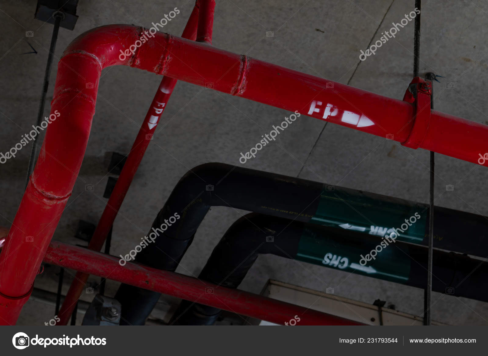 Fire Sprinkler System Red Pipes Hanging Ceiling Building Fire