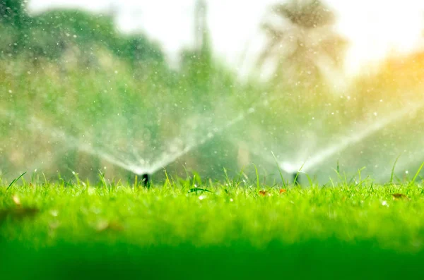 Automatic Lawn Sprinkler Watering Green Grass Sprinkler Automatic System Garden — Stock Photo, Image