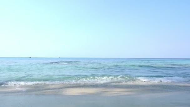 Sandstrand Morgen Mit Wellen Strand Vor Blauem Und Rosafarbenem Himmel — Stockvideo