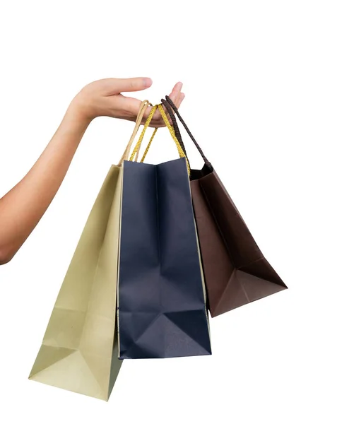 Vrouw Met Papier Boodschappentassen Geïsoleerd Een Witte Achtergrond Volwassen Vrouw — Stockfoto