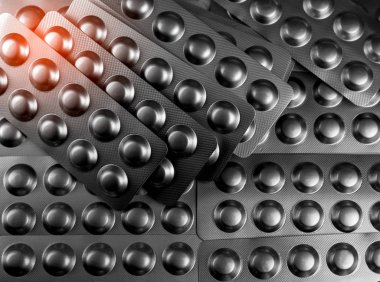 Gümüş alüminyum folyo Vakumlu Ambalaj tablet hap yığını. İlaç endüstrisi. Eczane ürünleri. İlaç sanayii. İlaç üretim üretim. Uyuşturucu kullanımı hastanede. Uyuşturucu kullanımı büyükleri.