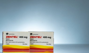 CHONBURI, THAILAND-OCTOBER 27, 2018 : Zentel 400 mg. Zentel 400 mg. Albendazole one dose tablets for anthelmintic and antiprotozoal activity against intestinal and tissue parasites. Pharmacy products. clipart
