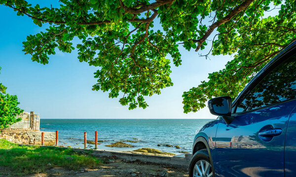 Blue sport SUV car parked by the tropical sea under umbrella tree. Summer vacation at the beach. Summer travel by car. Road trip. Automotive industry. Hybrid and electric car concept. Summer vibes. 