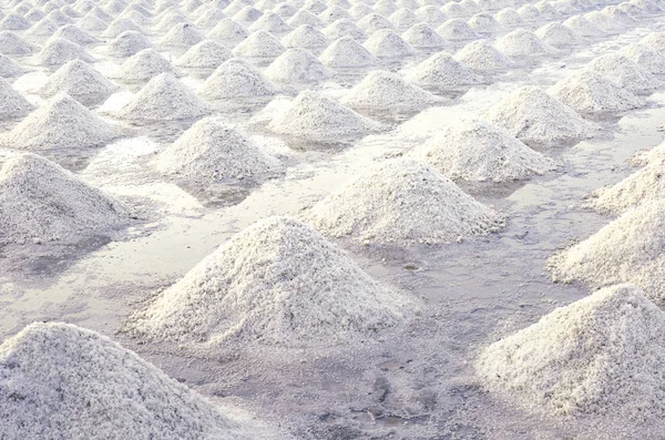 Salzfarm in Samut Sakhon, Thailand. Bio-Meersalz. Verdunstung und Kristallisation von Meerwasser. Rohstoff von industriellem Salz. Natriumchlorid. Solarverdunstungssystem. Jodquelle. — Stockfoto