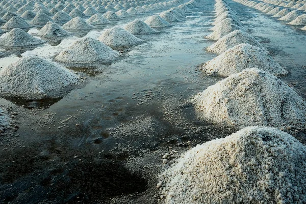 Granja de sal marina en Samut Sakhon, Tailandia. Sal marina orgánica. Evaporación y cristalización del agua de mar. Materia prima de sal industrial. Cloruro de sodio. Sistema de evaporación solar. Fuente de yodo . — Foto de Stock