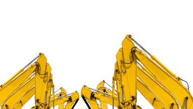 Beyaz üzerinde izole edilmiş hidrolik piston kolu olan sarı kepçe. İnşaat alanında kazı için ağır bir makine. Hidrolik makineler. Kocaman bir buldozer. Ağır makine endüstrisi. Makine mühendisliği.