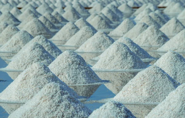 Granja de sal marina en Tailandia. Sal marina orgánica. Evaporación y cristalización del agua de mar. Materia prima de sal industrial. Cloruro de sodio. Sistema de evaporación solar. Fuente de yodo. Montón de sal de primer plano —  Fotos de Stock