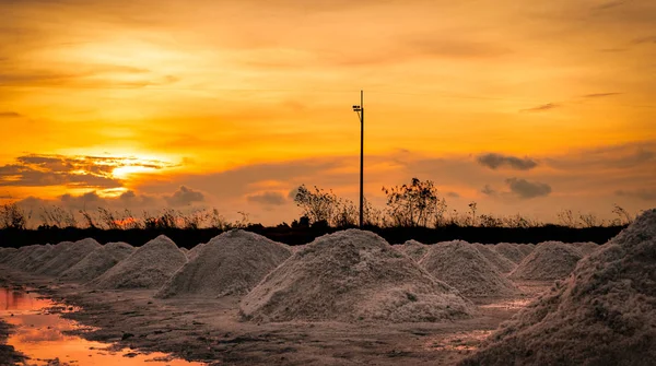 Granja de sal en la mañana con el cielo del amanecer. Sal marina orgánica. Evaporación y cristalización del agua de mar. Materia prima de sal industrial. Cloruro de sodio. Sistema de evaporación solar. Sal de yodo . — Foto de Stock