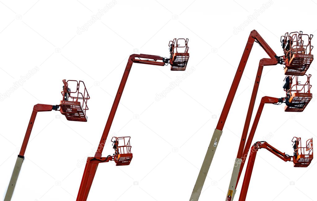 Orange articulated boom lift. Aerial platform lift. Telescopic boom lift isolated on white background. Mobile construction crane for rent and sale. Maintenance and repair hydraulic boom lift service. 