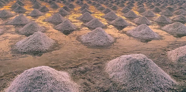 Granja de sal marina en Tailandia. Sal marina orgánica. Evaporación y cristalización del agua de mar. Materia prima de sal industrial. Cloruro de sodio. Sistema de evaporación solar. Fuente de yodo. Montón de sal de primer plano — Foto de Stock