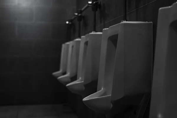 Urinarios blancos en los hombres baño público. Urinarios de cerámica en fila en el baño de los hombres. Salud de la vejiga del hombre con concepto de problema de incontinencia urinaria. Infecciones urinarias. WC de letrina masculina. Comodidad baño masculino. — Foto de Stock