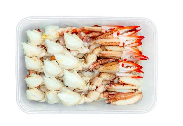 Steamed crab meat pack in plastic box for delivery. Seafood ready to eat delivery business. Steamed lump crab meat in disposable plastic container. Seafood industry. Thai style seafood. Crab leg meat.