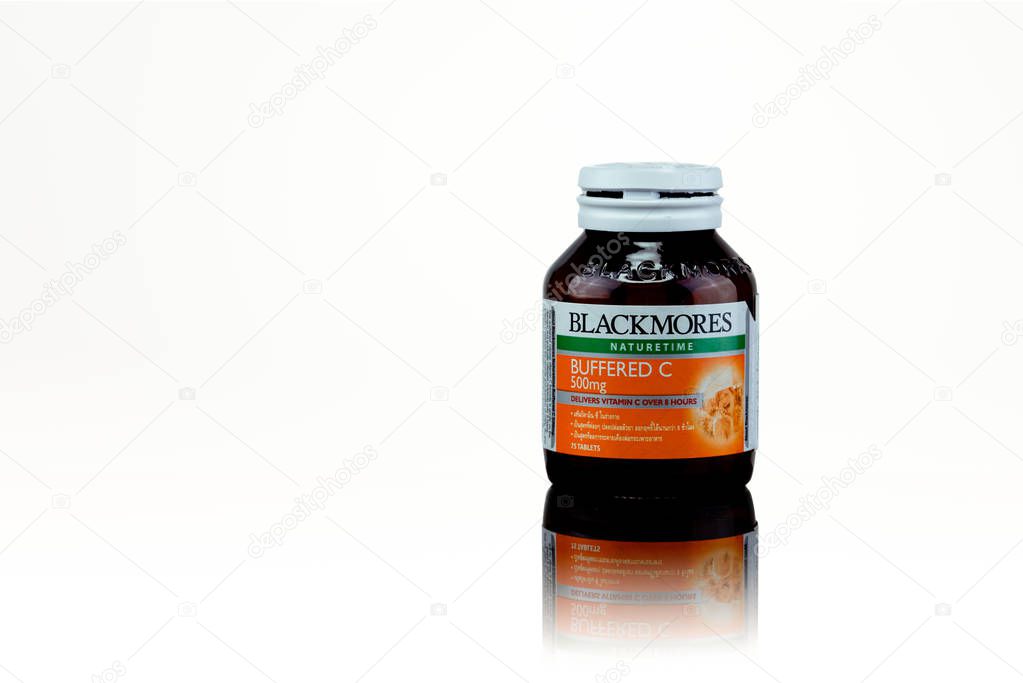 CHONBURI, THAILAND-JUNE 2, 2019 : Blackmores buffered C 500 mg. Vitamin C tablets in amber bottle isolated on white background. Manufactured by Blackmores LTD NSW Australia. Pharmaceutical products.