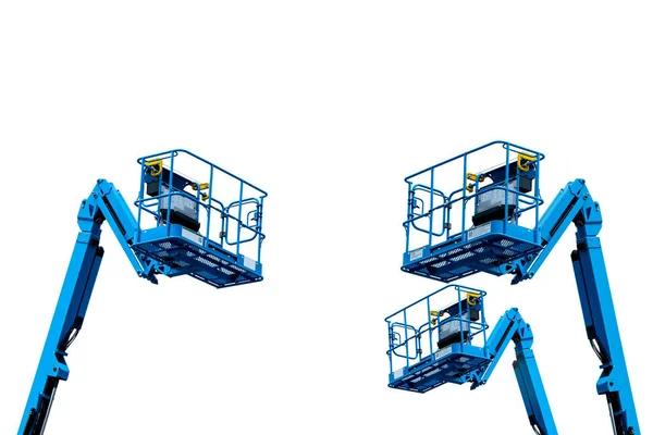 Articulated boom lift. Aerial platform lift. Telescopic boom lift isolated on white. Mobile construction crane for rent and sale. Maintenance and repair hydraulic boom lift service. Crane dealership.